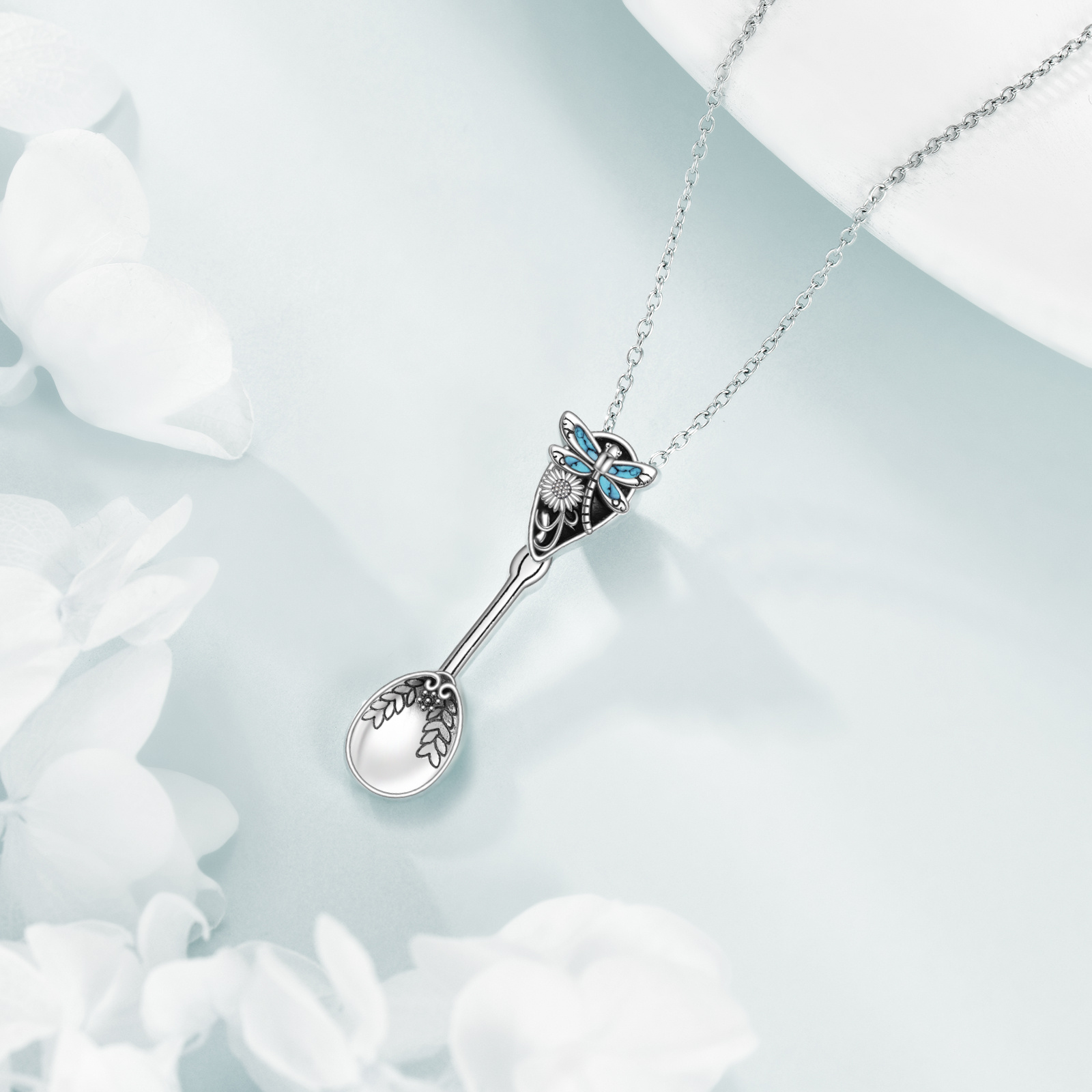 Dragonfly Flower Spoon Necklace Sterling Silver Teaspoon Pendant